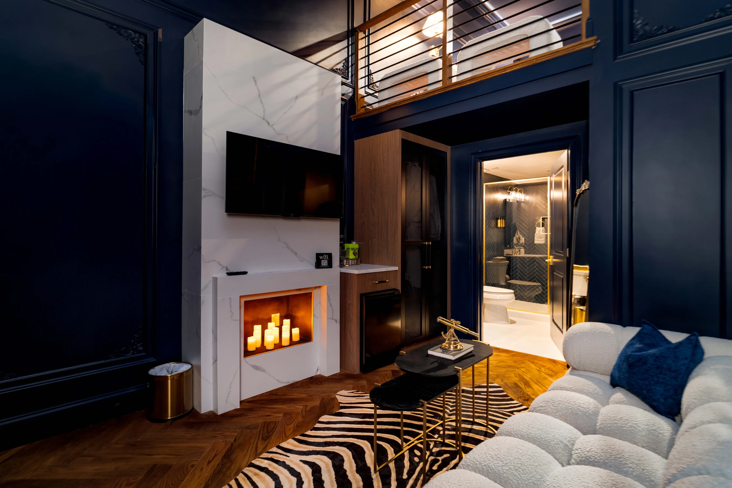 Luxury fireplace and coffee station in The Highliner boutique hotel